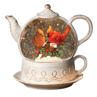 Confetti Lites Lighted Swirl Teapot with Cardinal, Holly & Pine