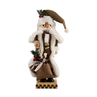 Mocha Check Wood Santa Nutcracker