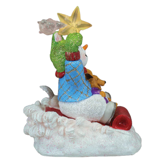 Decorative figurine of a snowman with a dog and cat on a shell, featuring a star on top.