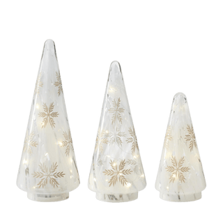Set of 3 Gold Etched Snowflakes Frosty Glass LED Trees w/Timers