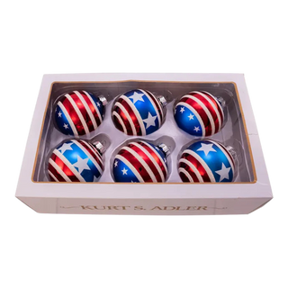 80MM Glass Red, White and Blue Stars and Stripes Glass Ball Ornaments, 6-Piece Box