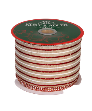 Tan With Red Glitter & White Striped Double Wire Ribbon