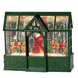 8"H Confetti Lites Lighted Swirl Greenhouse with Santa, Reindeer & Cardinals
