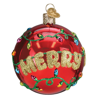 Red Christmas ornament with 'MERRY' text and decorative lights on a white background
