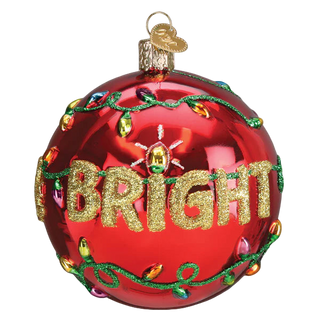 Red Christmas ornament with gold lights and 'BRIGHT' text on a white background