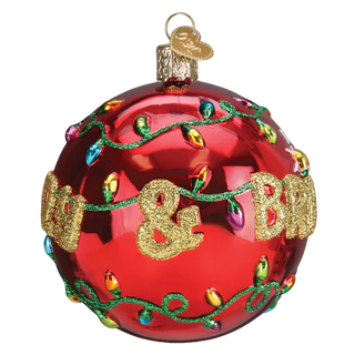 Decorative Christmas ball ornament with lights and 'I LUV U' text on a white background