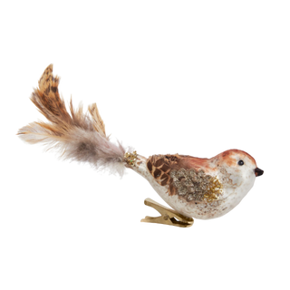Glass Brown Bird With Feathers Clip-On Ornament