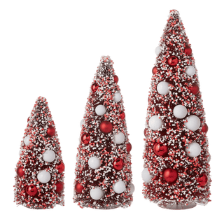 Red and White Bottle Brush Trees with Ornaments