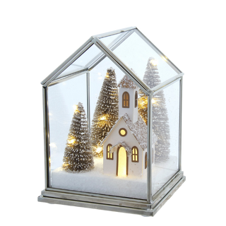 Battery Operated LED Lighted Glass Lampshade House With Small Church & Tree