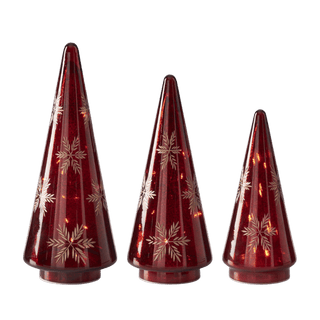 Set of 3 Gold Etched Snowflakes Red Mercury LED Trees w/Timers