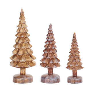 Set of 3 LED Rotating Base Frosted Copper Mercury Glass Trees w/Timers