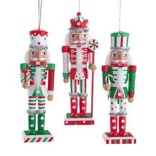 6" Red, Green & White With Stripes & Polka Dots Nutcracker Ornaments, 3 Assorted