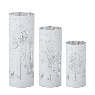 Set of 3 White Laser Engraved Winter Scene LED Rotating Cylinders w/Timer