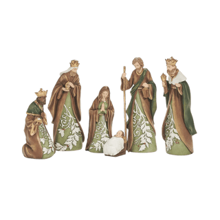 9"H 6PC ST NATIVITY BROWN & GREEN LEAF PATTERN
