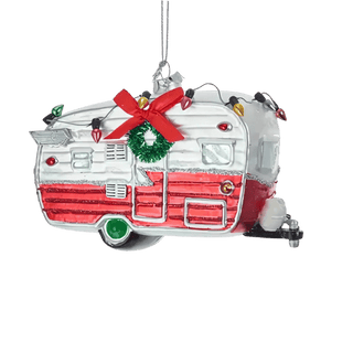 Red and White Camping Glass Ornament