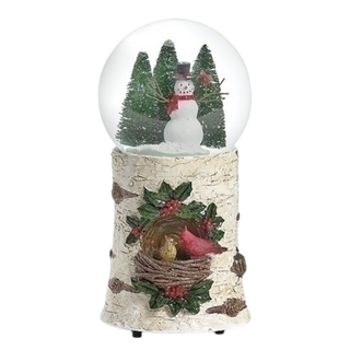 Snowman  With Cardinal Birch Base Snow Globe Musical