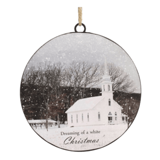 White Christmas Church Disc Ornament