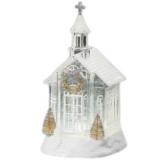 10.25"H LED SWIRL WHITE CHURCH W/ TREE