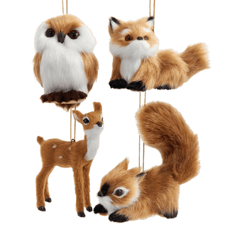 Plush Light Brown Deer, Squirrel, Owl and Fox Ornaments, 4A