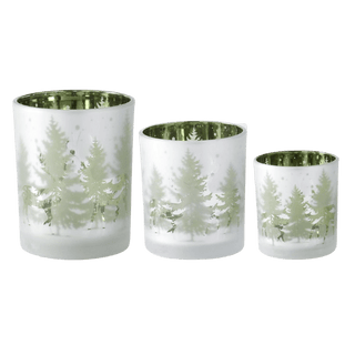 Set of 3 Frosted Glass w/Green Interior Deer Winter Scene Votive