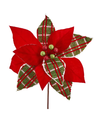 Red & Lime Plaid Poinsettia Pick