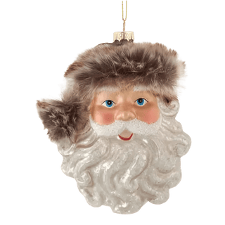 Glass Santa Head With Brown Faux Fur Ornament