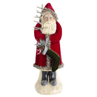 Santa With Dark Red Coat Holding Tree &  Stocking