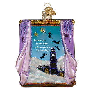 Decorative ornament with a clock tower and purple curtains on a white background