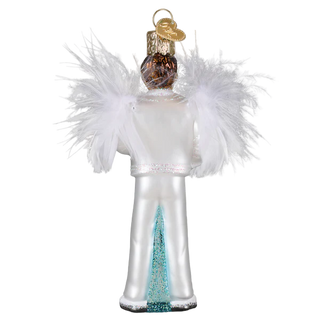 Decorative Elton John ornament with white feathers and a blue base on a white background