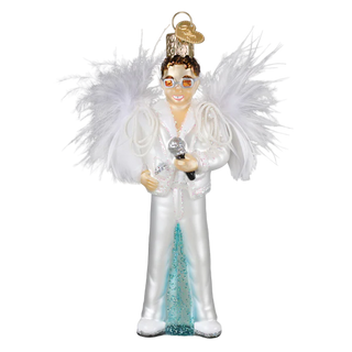 Decorative ornament of a performer in a white outfit with a microphone on a white background