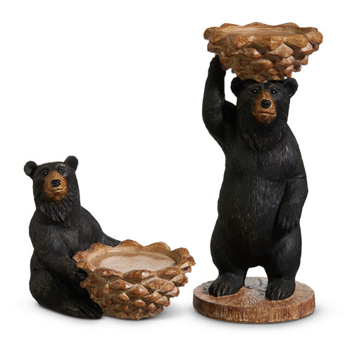 Black Bear with Pinecone Candle Holders Set of 2