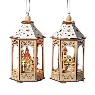 LED Wood Lantern w/Church Orn 2A