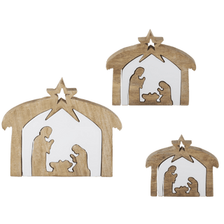 Wood Nativity with White Enameled Center Cutouts 3 Piece