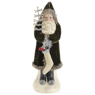 Santa With Dark Green Coat Holding Tree & Stocking