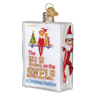 Decorative Christmas ornament featuring 'The Elf on the Shelf' with two elves and text.