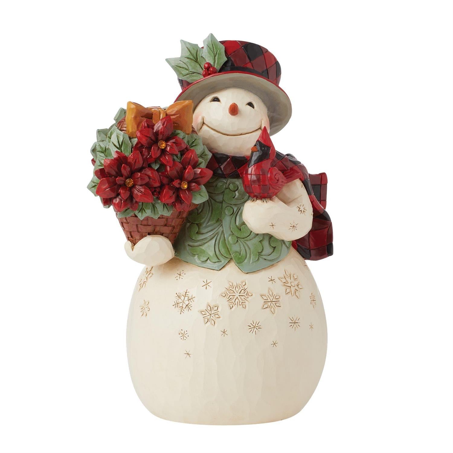 Holiday Blooms Snowman Poinsettia Basket Figurine